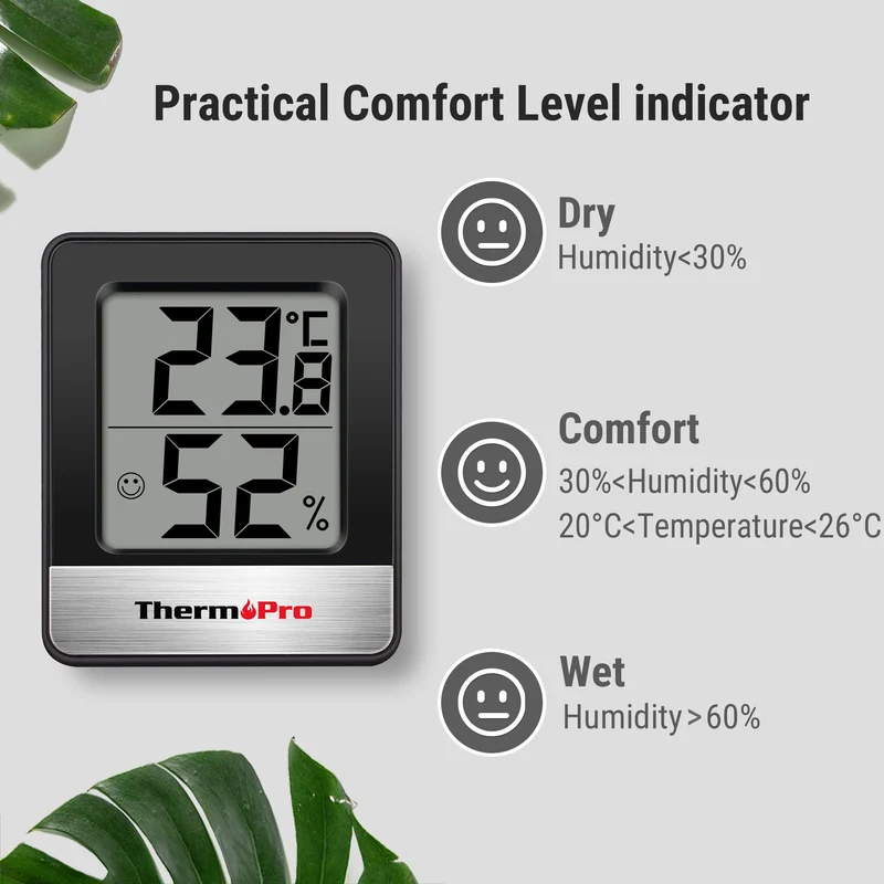 ThermoPro TP49 Petit Hygromètre Numérique Thermomètre Intérieur Thermomètre D'ambiance Moniteur de Température et Humidimètre pour Le Confort du Bureau à Domicile Thermomètre de Reptile