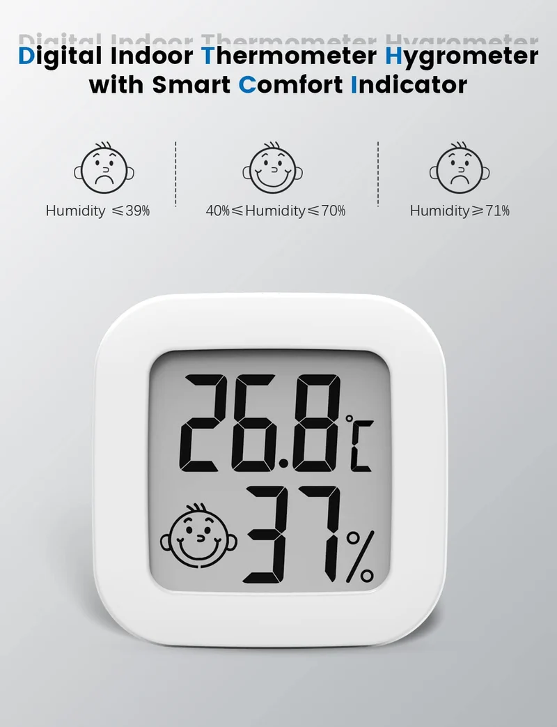 Mini Thermomètre Hygromètre Intérieur Digital à Haute Précision, Moniteur de Température et Humidimètre, Thermo Hygromètre Indicateur du Niveau de Confort