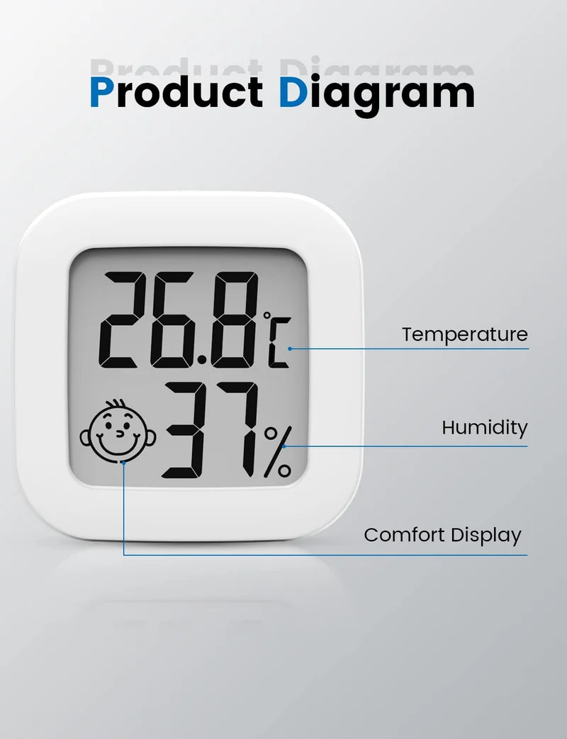 Mini Thermomètre Hygromètre Intérieur Digital à Haute Précision, Moniteur de Température et Humidimètre, Thermo Hygromètre Indicateur du Niveau de Confort