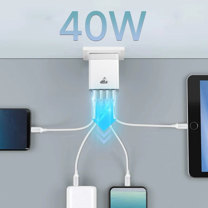 Chargeur USB, 40W Prise USB Multiple 4 Ports Bloc Chargeur Rapide Samsung QC3.0 Chargeur Secteur USB Adaptateur pour iPhone 16 15 14 13 12 8 XR Samsung S24 Ultra S23 S22 S21 iPad Xiaomi Huawei Google