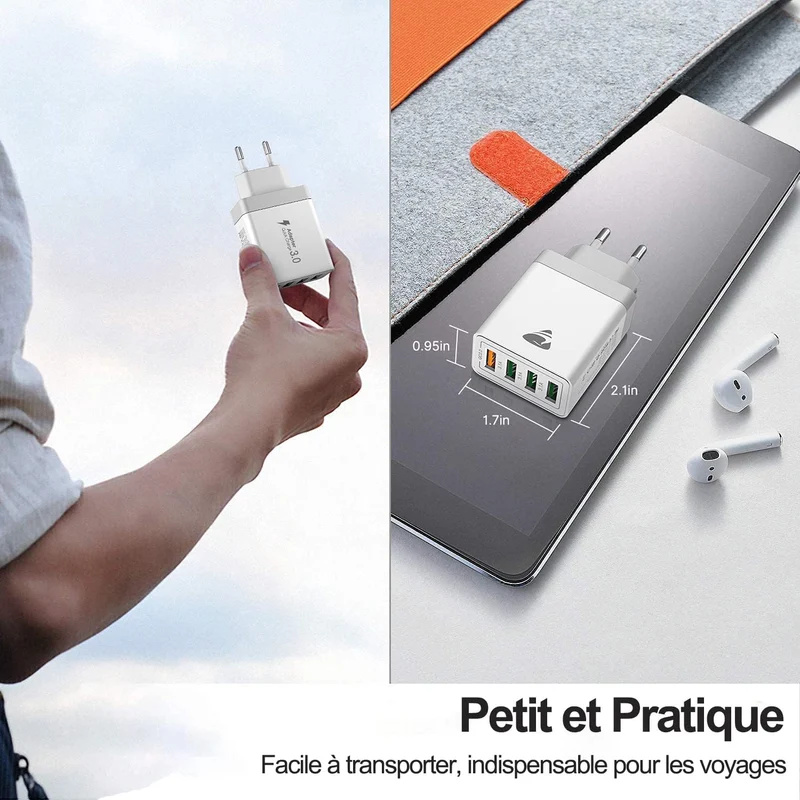 Chargeur USB, 40W Prise USB Multiple 4 Ports Bloc Chargeur Rapide Samsung QC3.0 Chargeur Secteur USB Adaptateur pour iPhone 16 15 14 13 12 8 XR Samsung S24 Ultra S23 S22 S21 iPad Xiaomi Huawei Google