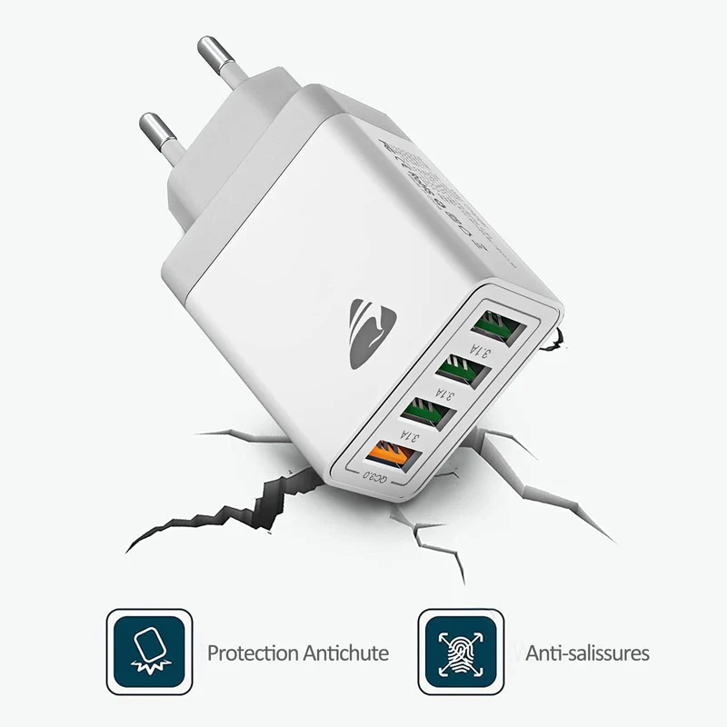 Chargeur USB, 40W Prise USB Multiple 4 Ports Bloc Chargeur Rapide Samsung QC3.0 Chargeur Secteur USB Adaptateur pour iPhone 16 15 14 13 12 8 XR Samsung S24 Ultra S23 S22 S21 iPad Xiaomi Huawei Google