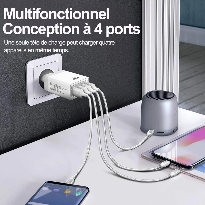 Chargeur USB, 40W Prise USB Multiple 4 Ports Bloc Chargeur Rapide Samsung QC3.0 Chargeur Secteur USB Adaptateur pour iPhone 16 15 14 13 12 8 XR Samsung S24 Ultra S23 S22 S21 iPad Xiaomi Huawei Google
