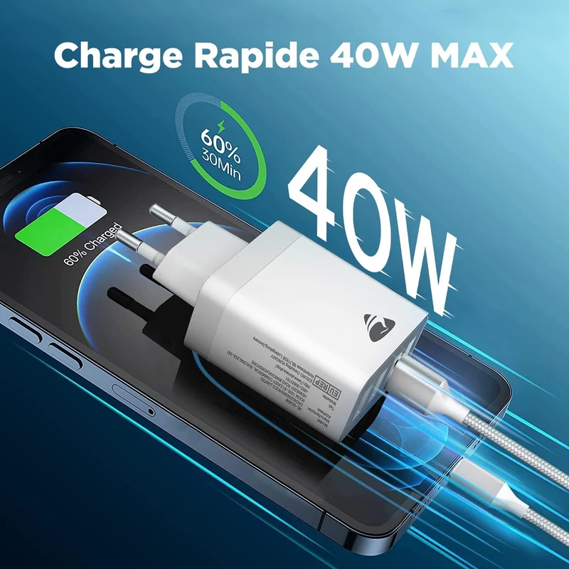 Chargeur USB, 40W Prise USB Multiple 4 Ports Bloc Chargeur Rapide Samsung QC3.0 Chargeur Secteur USB Adaptateur pour iPhone 16 15 14 13 12 8 XR Samsung S24 Ultra S23 S22 S21 iPad Xiaomi Huawei Google