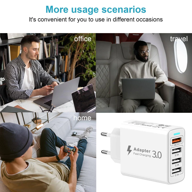 Chargeur USB Multiple 4 Port, Prise USB Multiple 33W QC3.0 Chargeur Rapide USB, Prise Multiple USB Adaptateur Secteur USB Multi Chargeur Telephone pour iPhone 14/13/12/11/XS/8/7,Samsung S23/S22,Xiaomi