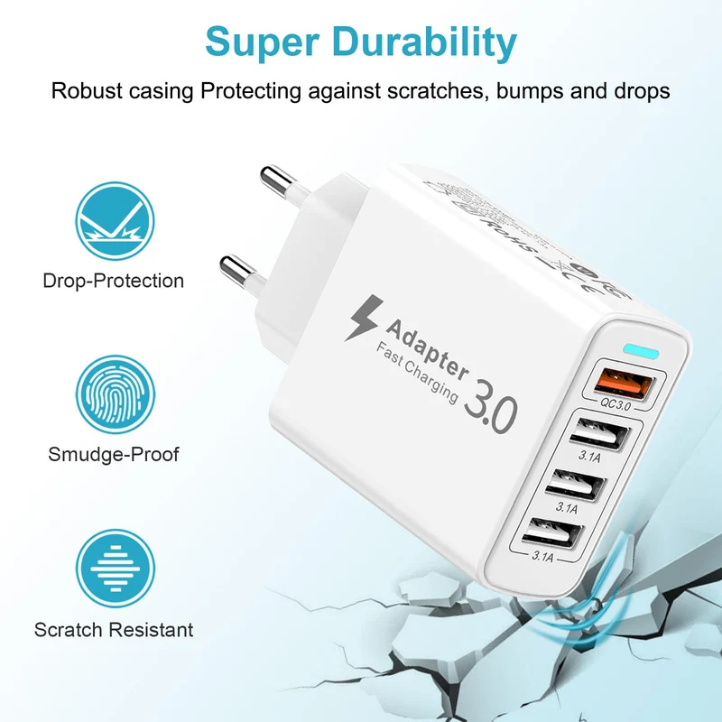 Chargeur USB Multiple 4 Port, Prise USB Multiple 33W QC3.0 Chargeur Rapide USB, Prise Multiple USB Adaptateur Secteur USB Multi Chargeur Telephone pour iPhone 14/13/12/11/XS/8/7,Samsung S23/S22,Xiaomi