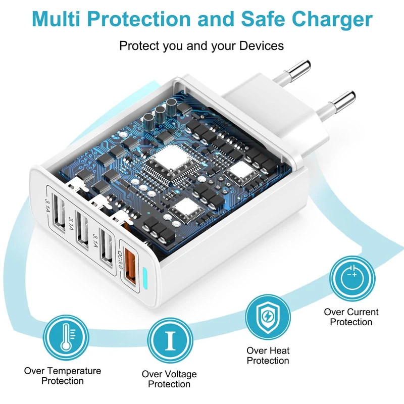 Chargeur USB Multiple 4 Port, Prise USB Multiple 33W QC3.0 Chargeur Rapide USB, Prise Multiple USB Adaptateur Secteur USB Multi Chargeur Telephone pour iPhone 14/13/12/11/XS/8/7,Samsung S23/S22,Xiaomi