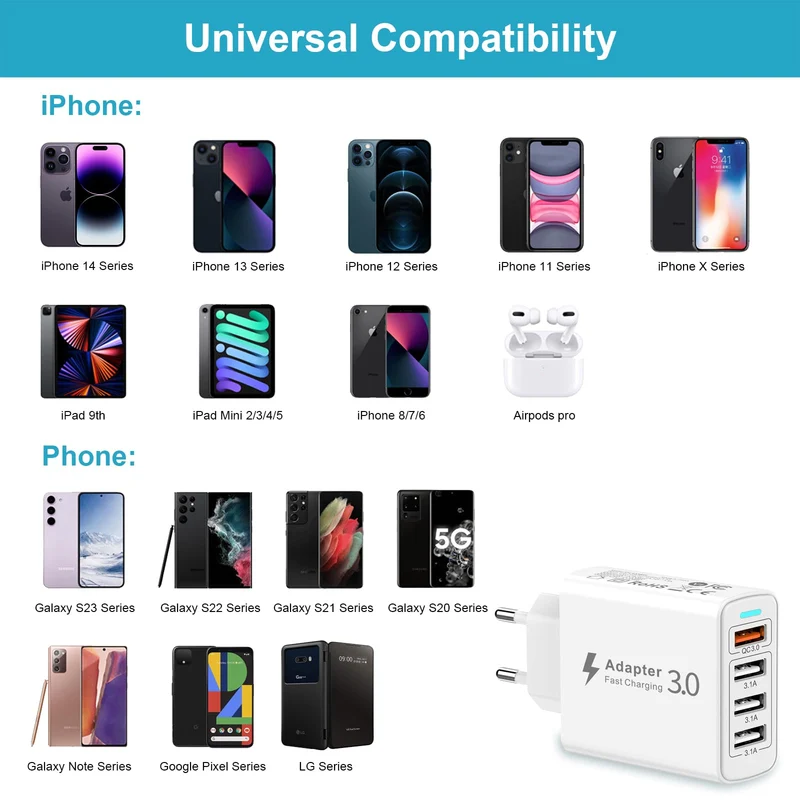 Chargeur USB Multiple 4 Port, Prise USB Multiple 33W QC3.0 Chargeur Rapide USB, Prise Multiple USB Adaptateur Secteur USB Multi Chargeur Telephone pour iPhone 14/13/12/11/XS/8/7,Samsung S23/S22,Xiaomi
