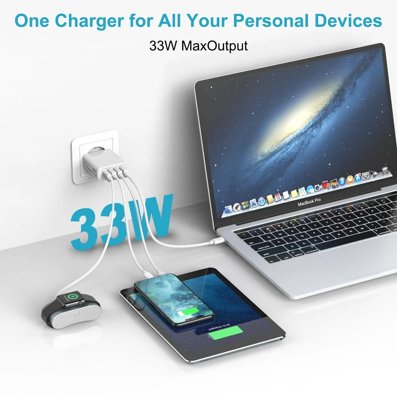 Chargeur USB Multiple 4 Port, Prise USB Multiple 33W QC3.0 Chargeur Rapide USB, Prise Multiple USB Adaptateur Secteur USB Multi Chargeur Telephone pour iPhone 14/13/12/11/XS/8/7,Samsung S23/S22,Xiaomi