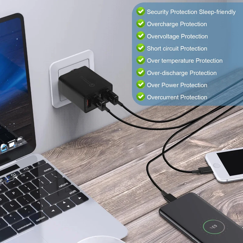 Chargeur USB Adaptateur de Charge USB 4 Ports avec 33W Smart QC 3.0 Chargeur Rapide Multi USB Prise d'alimentation pour Samsung Galaxy A03 A13 A53 S21 S20 S10 S9 S8 S7 iPhone 12 13 14 Pro X 8 7 6S