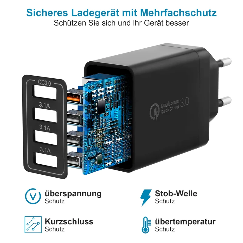 Chargeur USB Adaptateur de Charge USB 4 Ports avec 33W Smart QC 3.0 Chargeur Rapide Multi USB Prise d'alimentation pour Samsung Galaxy A03 A13 A53 S21 S20 S10 S9 S8 S7 iPhone 12 13 14 Pro X 8 7 6S