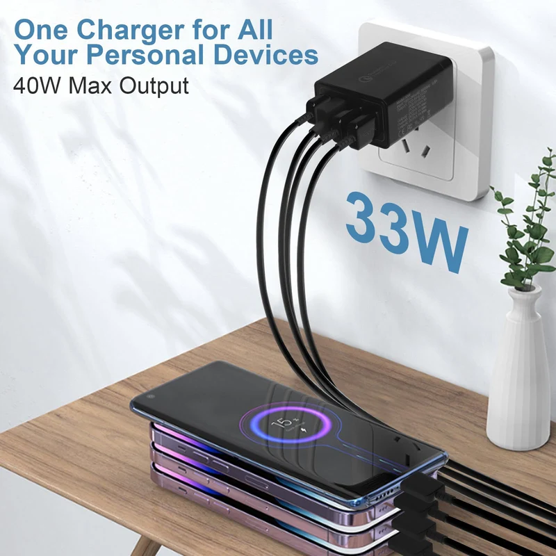 Chargeur USB Adaptateur de Charge USB 4 Ports avec 33W Smart QC 3.0 Chargeur Rapide Multi USB Prise d'alimentation pour Samsung Galaxy A03 A13 A53 S21 S20 S10 S9 S8 S7 iPhone 12 13 14 Pro X 8 7 6S