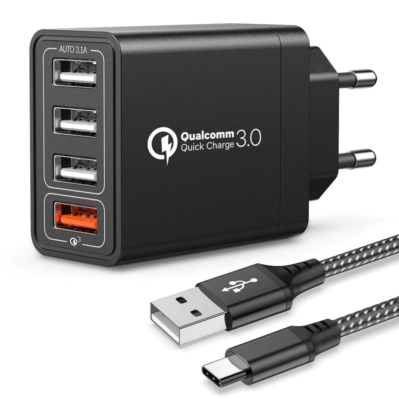 JOOMFEEN Quick Charge 3.0 Chargeur mobile mural USB avec câble Type C 30 W 4 ports avec secteur USB Charge rapide pour Samsung Galaxy S10E/S9/S8/Note8, Huawei P20, Xiaomi(Noir)