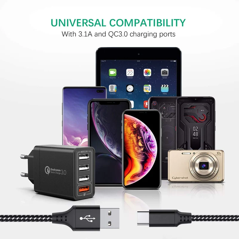 JOOMFEEN Quick Charge 3.0 Chargeur mobile mural USB avec câble Type C 30 W 4 ports avec secteur USB Charge rapide pour Samsung Galaxy S10E/S9/S8/Note8, Huawei P20, Xiaomi(Noir)