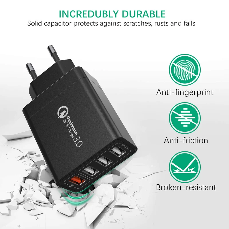 JOOMFEEN Quick Charge 3.0 Chargeur mobile mural USB avec câble Type C 30 W 4 ports avec secteur USB Charge rapide pour Samsung Galaxy S10E/S9/S8/Note8, Huawei P20, Xiaomi(Noir)