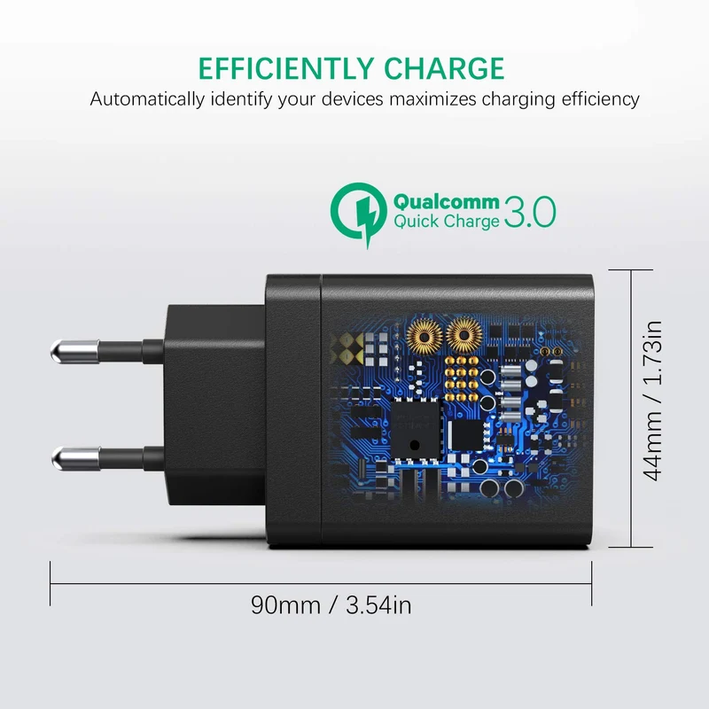 JOOMFEEN Quick Charge 3.0 Chargeur mobile mural USB avec câble Type C 30 W 4 ports avec secteur USB Charge rapide pour Samsung Galaxy S10E/S9/S8/Note8, Huawei P20, Xiaomi(Noir)