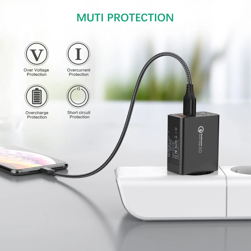 JOOMFEEN Quick Charge 3.0 Chargeur mobile mural USB avec câble Type C 30 W 4 ports avec secteur USB Charge rapide pour Samsung Galaxy S10E/S9/S8/Note8, Huawei P20, Xiaomi(Noir)