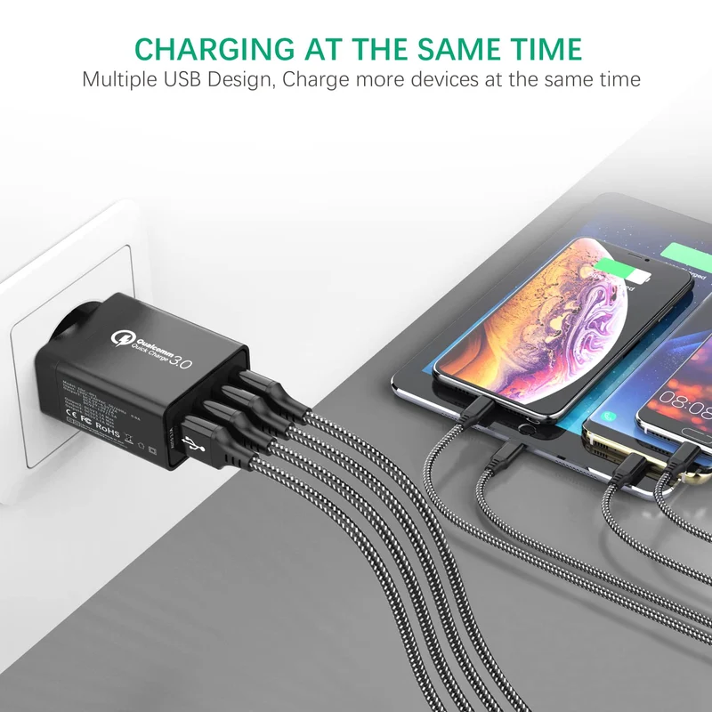 JOOMFEEN Quick Charge 3.0 Chargeur mobile mural USB avec câble Type C 30 W 4 ports avec secteur USB Charge rapide pour Samsung Galaxy S10E/S9/S8/Note8, Huawei P20, Xiaomi(Noir)