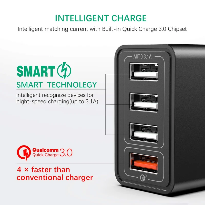 JOOMFEEN Quick Charge 3.0 Chargeur mobile mural USB avec câble Type C 30 W 4 ports avec secteur USB Charge rapide pour Samsung Galaxy S10E/S9/S8/Note8, Huawei P20, Xiaomi(Noir)