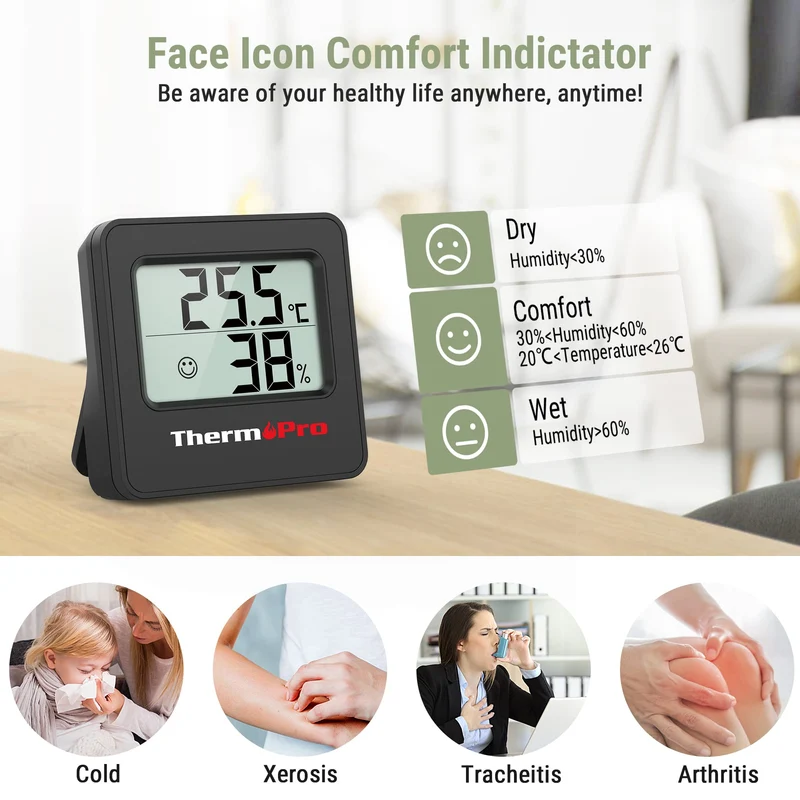 ThermoPro TP157 Hygromètre Digital Thermometre Interieur, Thermomètre Chambre Bébé avec Capteur d'humidité de Température et Icône de Visage Indicateur de Confort pour Serre, Cave à Vin, Bureau