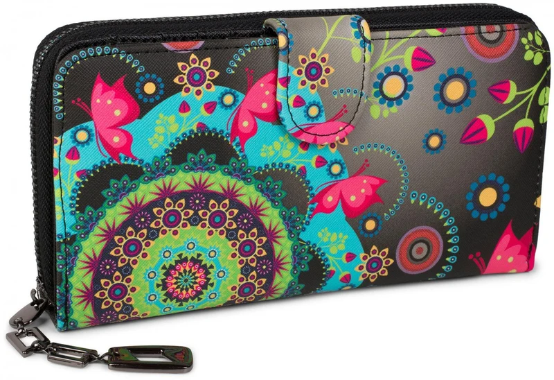 styleBREAKER Portefeuille à Motifs de Fleurs Ethniques differents, Dessin Vintage, Fermeture à glissière Toute Autour, Femmes 02040040, Couleur:Noir-Gris-Turquoise-Vert-Rose
