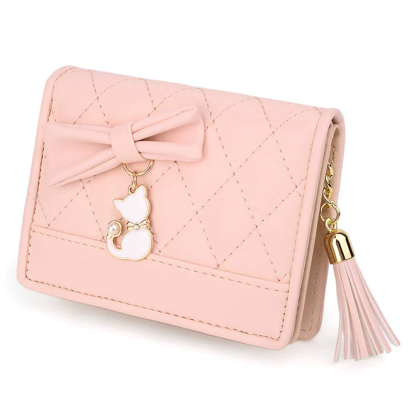 UTO Femme Filles Portefeuille Petit Porte-Monnaie à glissière Chat Mignon Pendentif Cuir Synthétique Rose