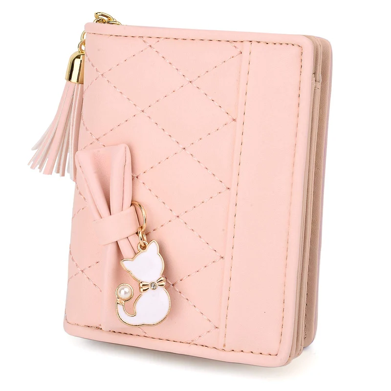 UTO Femme Filles Portefeuille Petit Porte-Monnaie à glissière Chat Mignon Pendentif Cuir Synthétique Rose