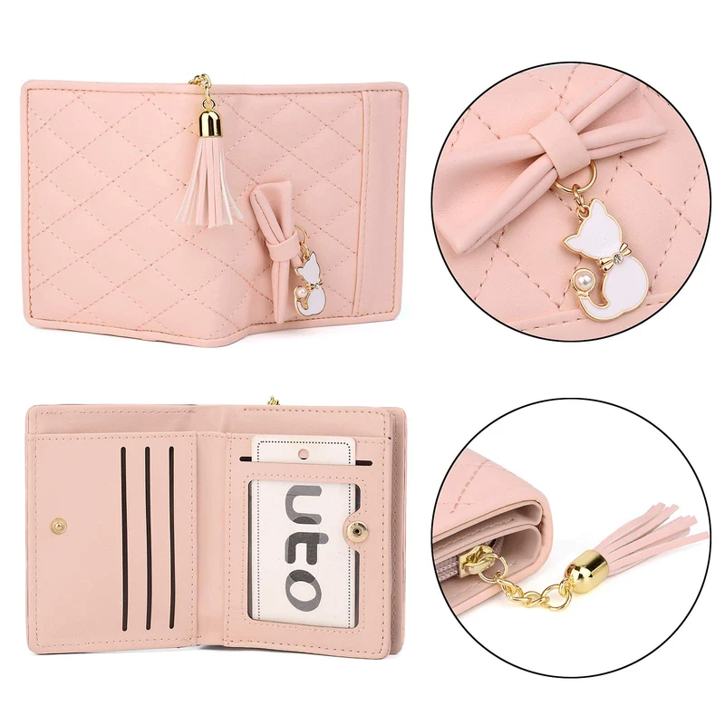 UTO Femme Filles Portefeuille Petit Porte-Monnaie à glissière Chat Mignon Pendentif Cuir Synthétique Rose