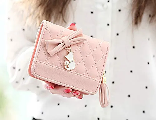 UTO Femme Filles Portefeuille Petit Porte-Monnaie à glissière Chat Mignon Pendentif Cuir Synthétique Rose