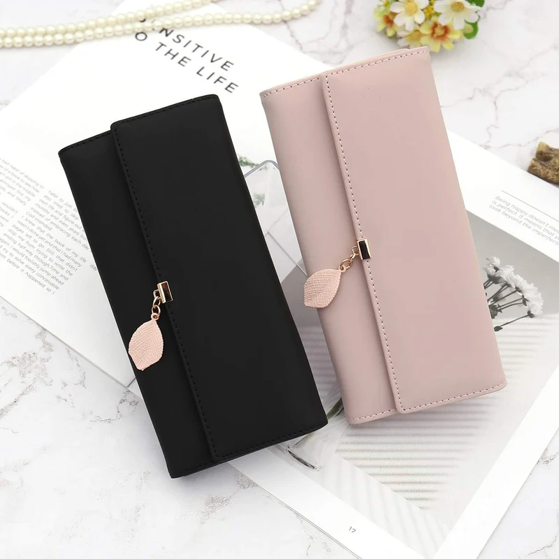 RRANCharltu Portefeuille Femme Longue Porte-Cartes Porte-Monnaie à glissière avec Feuille Pendentif en PU Cuir, 10 Emplacements Cartes pour Cadeau de Noël Saint-Valentin (Noir)