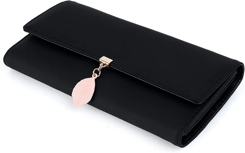 RRANCharltu Portefeuille Femme Longue Porte-Cartes Porte-Monnaie à glissière avec Feuille Pendentif en PU Cuir, 10 Emplacements Cartes pour Cadeau de Noël Saint-Valentin (Noir)