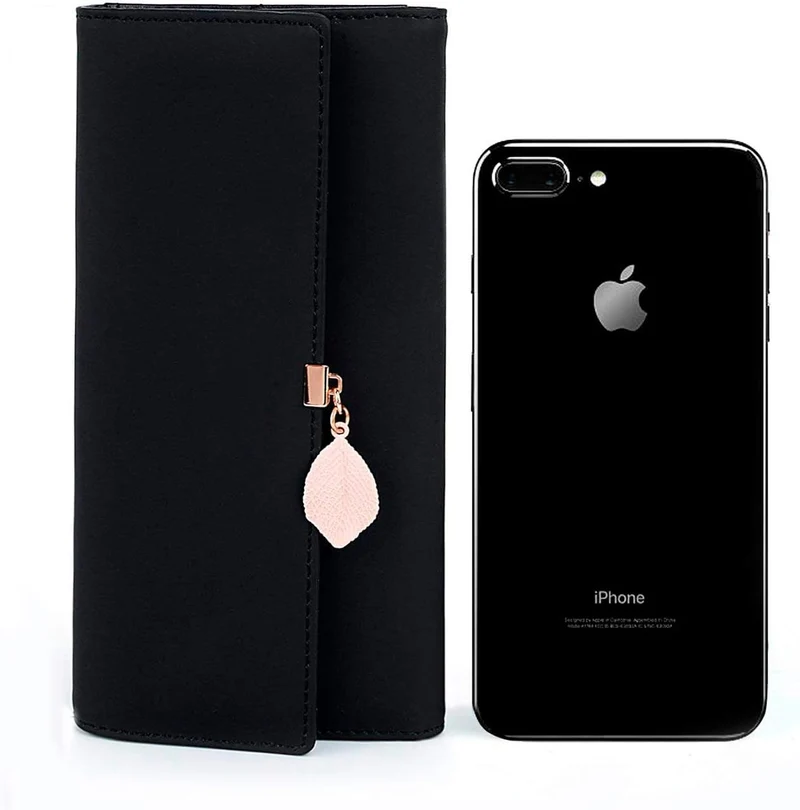 RRANCharltu Portefeuille Femme Longue Porte-Cartes Porte-Monnaie à glissière avec Feuille Pendentif en PU Cuir, 10 Emplacements Cartes pour Cadeau de Noël Saint-Valentin (Noir)