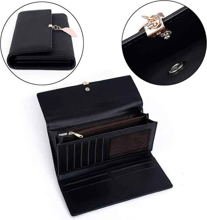 RRANCharltu Portefeuille Femme Longue Porte-Cartes Porte-Monnaie à glissière avec Feuille Pendentif en PU Cuir, 10 Emplacements Cartes pour Cadeau de Noël Saint-Valentin (Noir)