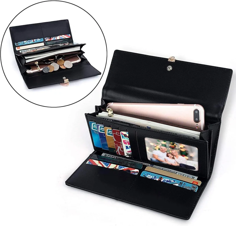 RRANCharltu Portefeuille Femme Longue Porte-Cartes Porte-Monnaie à glissière avec Feuille Pendentif en PU Cuir, 10 Emplacements Cartes pour Cadeau de Noël Saint-Valentin (Noir)