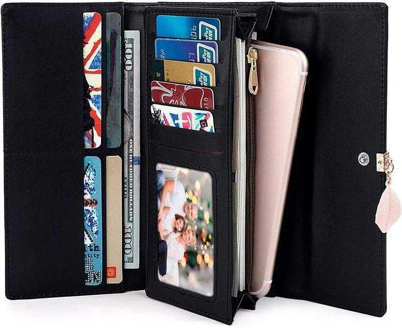 RRANCharltu Portefeuille Femme Longue Porte-Cartes Porte-Monnaie à glissière avec Feuille Pendentif en PU Cuir, 10 Emplacements Cartes pour Cadeau de Noël Saint-Valentin (Noir)