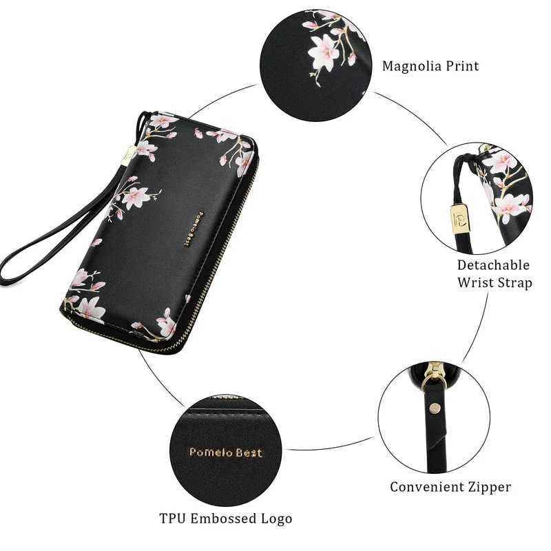 Pomelo Best Portefeuille Femme Grand Format (Dessin de Magnolia)