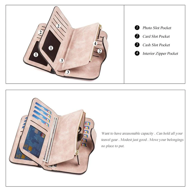 Portefeuille Femme Grande Capacite PU Cuir Porte-Monnaie Elégant avec 16 Porte-Cartes y Compris 2 fenêtre d'identification, Zippé pour Femme (Rosé)