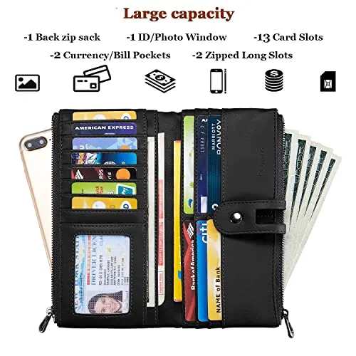 Roulens Portefeuille en Cuir Végétalien pour Femme Portefeuille Femme Cuir Porte Monnaie Porte-chéquiers Porte-Cartes pour 13 Cartes