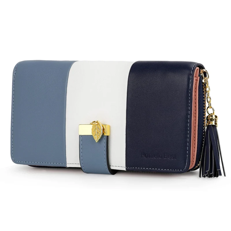 Pomelo Best Portefeuille Femme Cuir Porte Monnaie Porte-chéquiers Porte-Cartes pour 12 Cartes, Bleu Foncé/Blanc