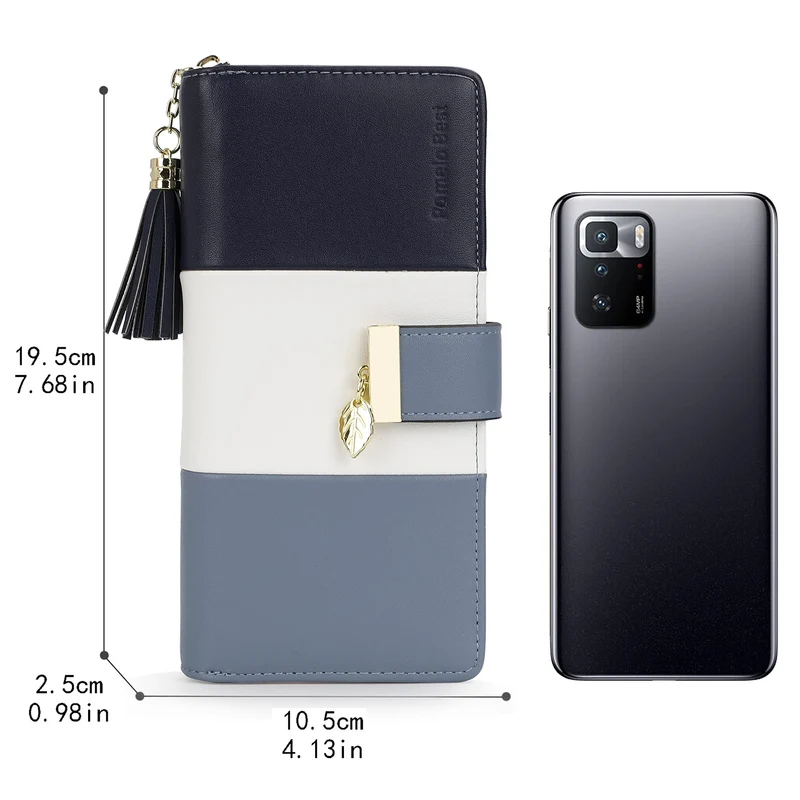 Pomelo Best Portefeuille Femme Cuir Porte Monnaie Porte-chéquiers Porte-Cartes pour 12 Cartes, Bleu Foncé/Blanc