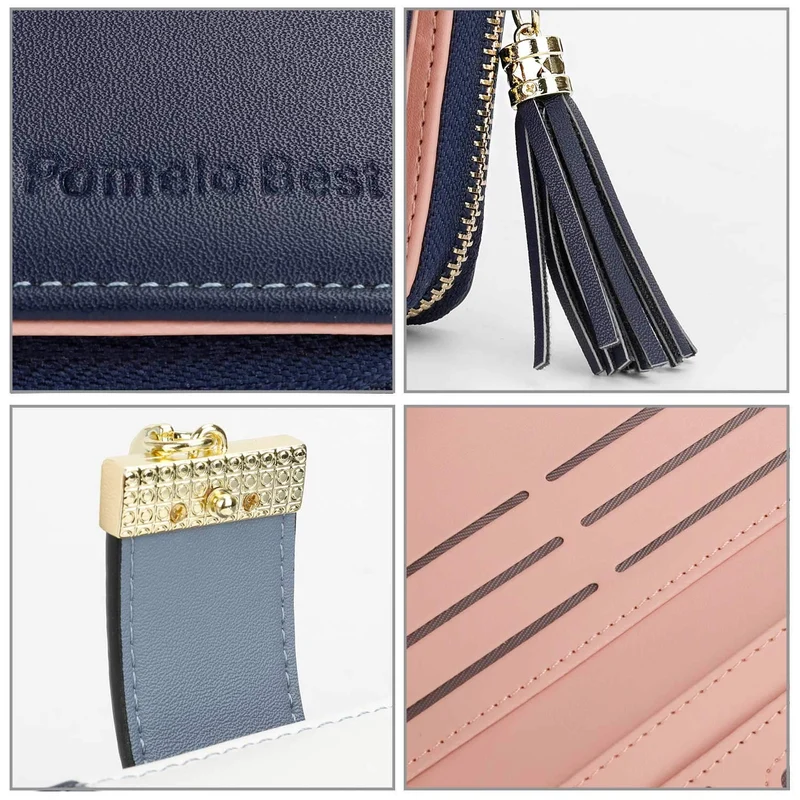 Pomelo Best Portefeuille Femme Cuir Porte Monnaie Porte-chéquiers Porte-Cartes pour 12 Cartes, Bleu Foncé/Blanc