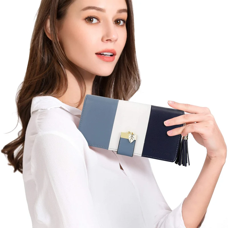 Pomelo Best Portefeuille Femme Cuir Porte Monnaie Porte-chéquiers Porte-Cartes pour 12 Cartes, Bleu Foncé/Blanc