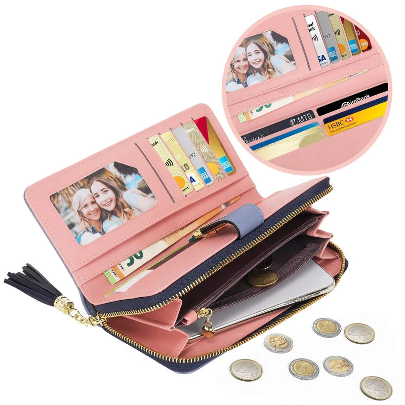 Pomelo Best Portefeuille Femme Cuir Porte Monnaie Porte-chéquiers Porte-Cartes pour 12 Cartes, Bleu Foncé/Blanc