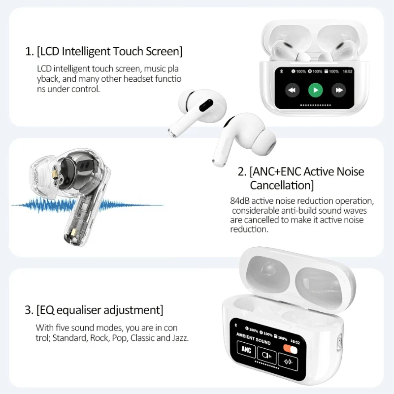 TouchPods S10 Pro ANC/ENC écouteurs sans fil Bluetooth, écran tactile LCD, réduction active du bruit, traducteur IA intelligent