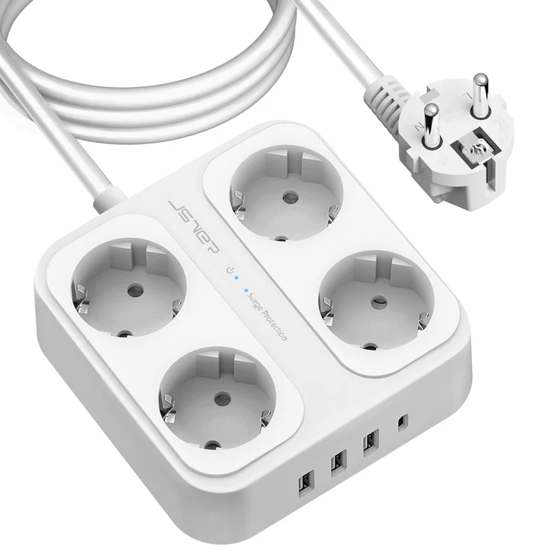 JSVER Multiprise 3M, Parasurtenseurs 4 Prises et 4 Ports USB (3680W/16A), Bloc Multiprise avec 3 Ports USB A+1 Ports USB C avec Interrupteurs, Protection Contre Les Surcharges-Blanc