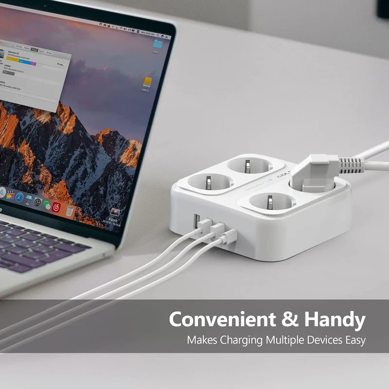 JSVER Multiprise 3M, Parasurtenseurs 4 Prises et 4 Ports USB (3680W/16A), Bloc Multiprise avec 3 Ports USB A+1 Ports USB C avec Interrupteurs, Protection Contre Les Surcharges-Blanc