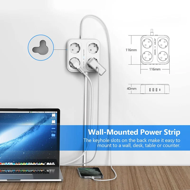 JSVER Multiprise 3M, Parasurtenseurs 4 Prises et 4 Ports USB (3680W/16A), Bloc Multiprise avec 3 Ports USB A+1 Ports USB C avec Interrupteurs, Protection Contre Les Surcharges-Blanc