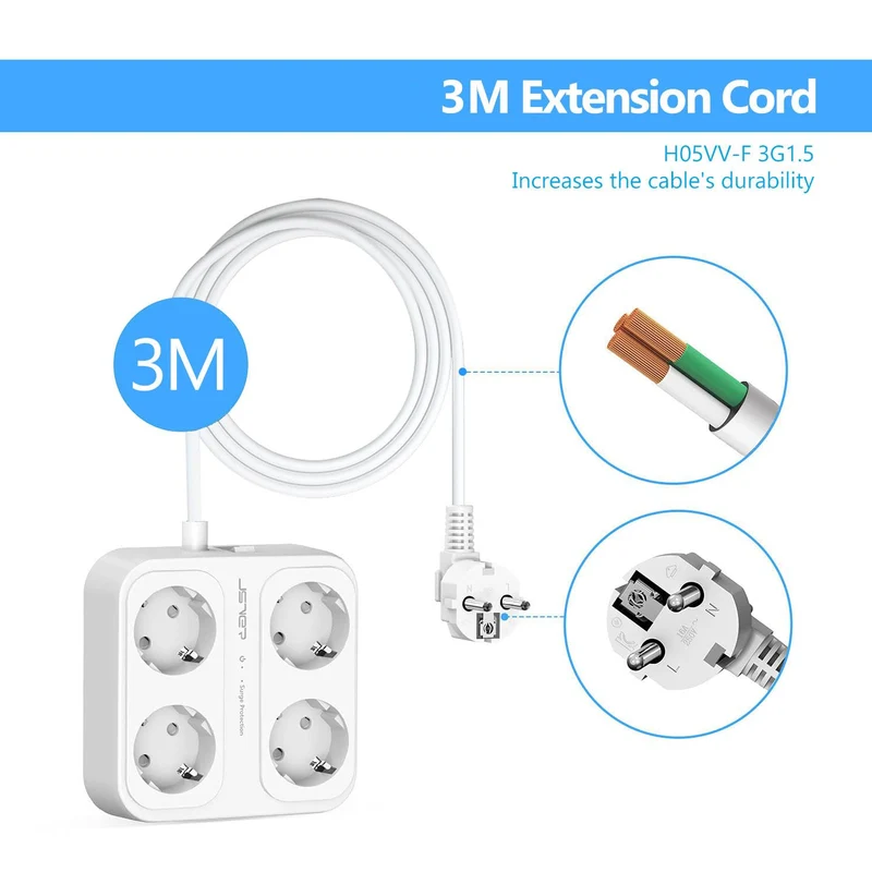 JSVER Multiprise 3M, Parasurtenseurs 4 Prises et 4 Ports USB (3680W/16A), Bloc Multiprise avec 3 Ports USB A+1 Ports USB C avec Interrupteurs, Protection Contre Les Surcharges-Blanc
