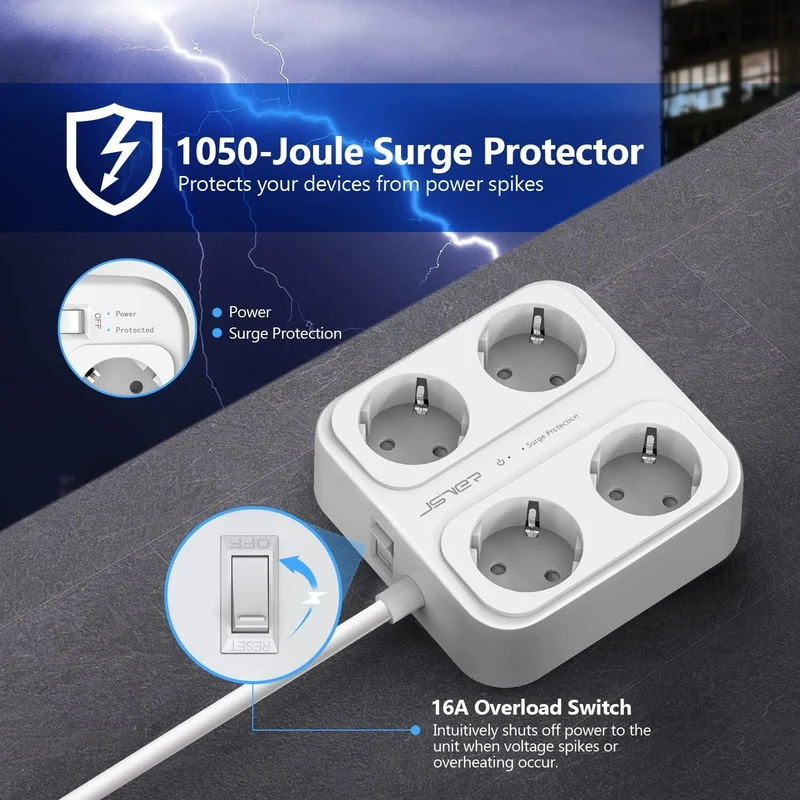 JSVER Multiprise 3M, Parasurtenseurs 4 Prises et 4 Ports USB (3680W/16A), Bloc Multiprise avec 3 Ports USB A+1 Ports USB C avec Interrupteurs, Protection Contre Les Surcharges-Blanc