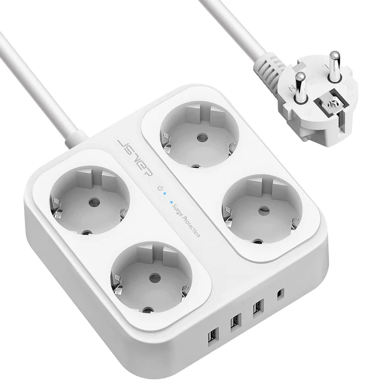 JSVER Multiprise, Multi Prises Électriques à 4 Prises et 4 Ports USB (3680W/16A), Bloc Multiprise avec 3 Ports USB A+1 Ports USB C Câble 1,8M et Interrupteurs, Protection Contre Les Surcharges-Blanc